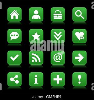 16 green satin icon with white basic sign on rounded square web button with color reflection on background. Stock Vector