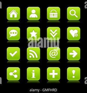 16 green satin icon with white basic sign on rounded square web button with color reflection on background. Stock Vector