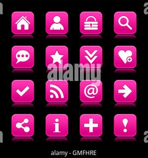 16 pink satin icon with white basic sign on rounded square web button with color reflection on background. Stock Vector