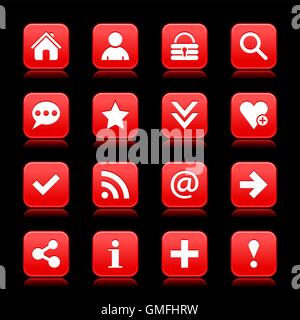 16 red satin icon with white basic sign on rounded square web button with color reflection on background. Stock Vector