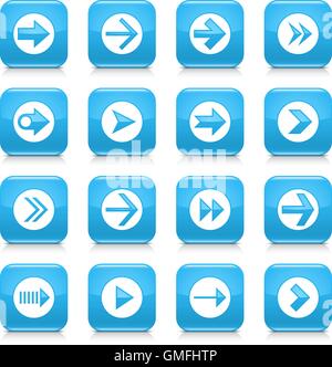 16 arrow icon set 03. White sign on blue rounded square button with gray reflection, black shadow on white background Stock Vector