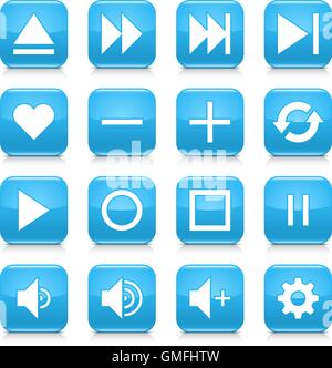 16 media control icon set 06. White sign on blue rounded square button with gray reflection, black shadow on white background. Stock Vector