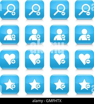 16 additional icon set 07. White sign on blue rounded square button with gray reflection, black shadow on white background Stock Vector