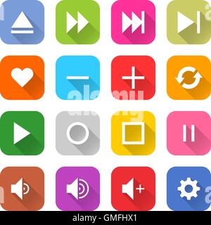 16 media icon set 06 white sign on color. Web internet button on white background. Simple minimalistic mono flat long shadow Stock Vector