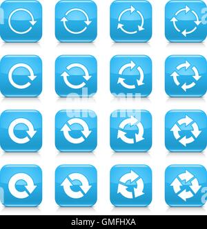 16 arrow reload, rotation icon set 04. White sign on blue rounded square button with gray reflection, black shadow on white Stock Vector