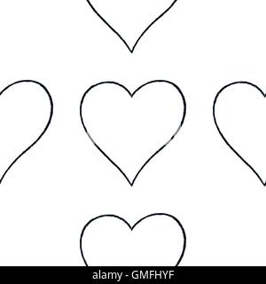 Seamless pattern with outline heart sign with black line contour isolated on white background. Hand drawn graphic design element Stock Vector