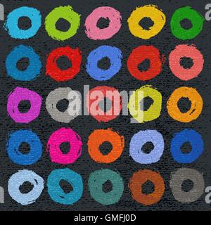25 circle form color brush stroke. Drawing created in ink sketch handmade technique. Shapes on dark gray watercolor texture Stock Vector