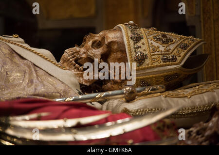 Skull of Saint Ambrose in the underground crypt of the Basilica di Sant'Ambrogio in Milan, Lombardy, Italy. Stock Photo