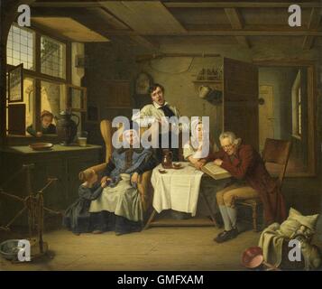 Bible Reading, by Eduard Karl Gustav Lebrecht Pistorius, 1831, Dutch painting, oil on canvas. Genre scene of family worship at home. The artist includes details in figure's expressions and household objects (BSLOC 2016 2 187) Stock Photo