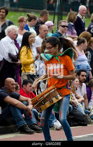 Drummer with Bombrando, a pipe and drum band from Portugal, taking part in the Cavalcade, part of the Edinburgh Jazz Festival. Stock Photo