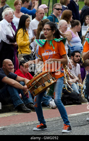 Drummer with Bombrando, a pipe and drum band from Portugal, taking part in the Cavalcade, part of the Edinburgh Jazz Festival. Stock Photo