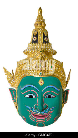 Green actor's mask used head wear for staging isolated on white background, The traditional culture pantomime in Thailand Stock Photo