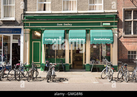 Sam Smiley general store and delicatessen in Kings Parade Cambridge UK.  A famous shop. Bicycles are parked outside Stock Photo