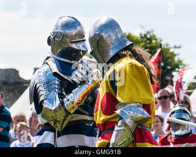 Two medieval combat reenactors in full armour shake hands prior to combat Stock Photo