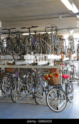 Interior of a new multi-storey bike park in Cambridge, UK. Shows a traditional ladies bike with basket and flowers Stock Photo