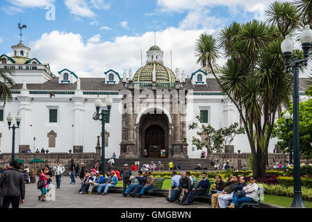 Metropolitan Cathedral of Quito, Catedral Metropolitana de Quito, by the Independence square in old city Quito, Ecuador. Stock Photo