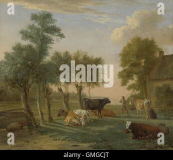 Cows in a Meadow near a Farm, by Paulus Potter, 1653, Dutch painting, oil on canvas. The long shadows indicate a low sun, as the cows and sheep take their afternoon rest. There is a man with a rifle and dog, and a woman milking a cow (BSLOC 2016 3 296) Stock Photo