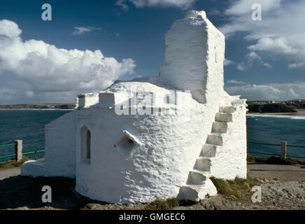 Huer's House overlooking Newquay Bay, Cornwall, was used as a lookout to spot shoals of pilchards that would suddenly appear in the bay. Stock Photo