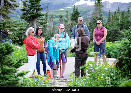 August 09, 2016 - Glacier National Park, Montana, United States - A U.S. Park Service intern gives a presentation to visitors. Stock Photo