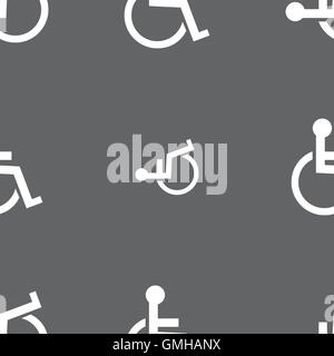 Disabled sign icon. Human on wheelchair symbol. Handicapped invalid sign. Seamless pattern on a gray background. Vector Stock Vector