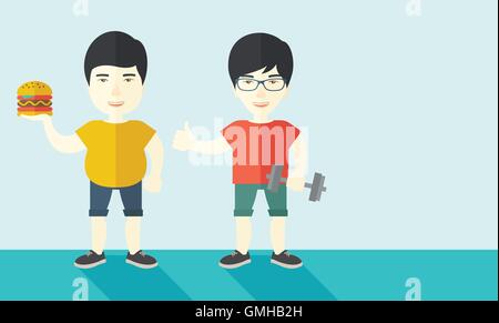 Men standing with hamburger and dumbbell. Stock Vector