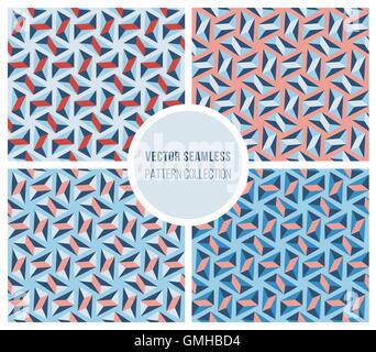Set of Four Seamless Vector Blue Pink Geometric Triangle Hexagonal Patterns Stock Vector