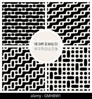 Vector Seamless Black And White Rounded Dashed Lines And Dots Pattern Collection Set Stock Vector