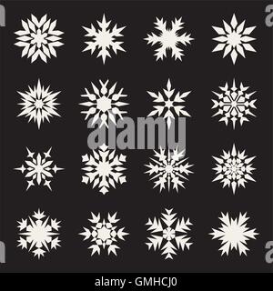 Set of Sixteen Symmetrical White Snowflakes Design on Black Background Stock Vector