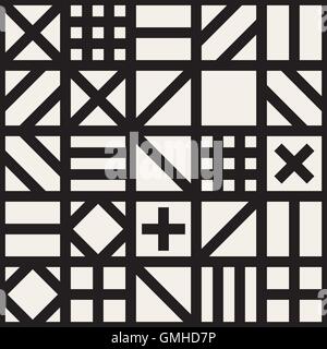 Vector Seamless Black & White Geometric Square Irregular  Tiling  Fachwerk Stile Pattern Stock Vector