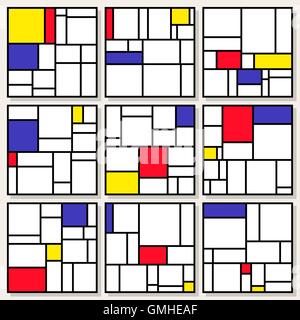 Set Of Nine Vector Square Compositions in Piet Mondrian De Stijl Style Stock Vector