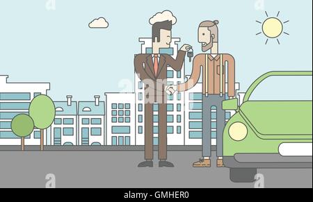 Car salesman giving the car keys to a new owner Stock Vector