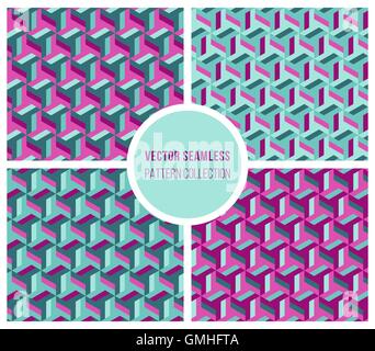 Vector Seamless Geometric Pattern Collection in Blue And Pink Color Stock Vector