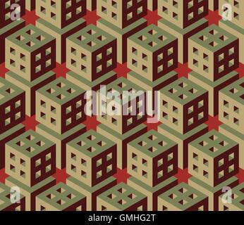 Vector Seamless Isometric Hexagonal Cube Structure  Vintage Pattern in Red and Green Stock Vector