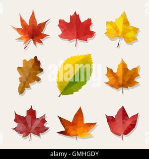 Set of Nine Vector Low Poly Autumn Leaves Stock Vector