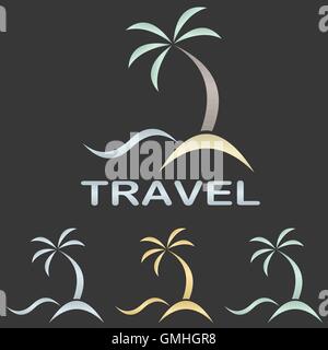 Metallic travel logo design template - beach, palm tree, sea Stock Vector