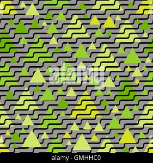 Vector Seamless Black Wavy Lines on Green Jumble Triangle Shape Pattern Stock Vector