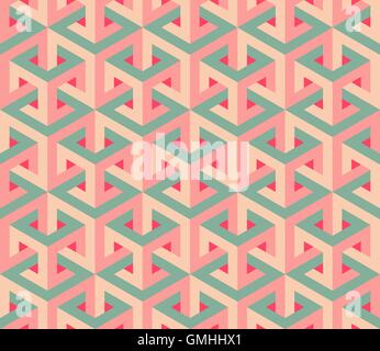 Vector Seamless Isometric Hexagonal Optical  Illusion Pattern in Pink and Green Stock Vector