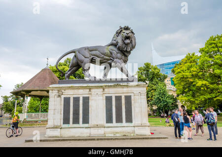 The Maiwand Lion stands in the centre of Forbury Gardens in Reading, Berkshire. Stock Photo