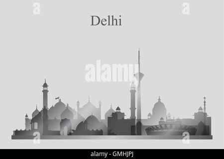 Delhi city skyline silhouette in grayscale Stock Vector