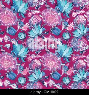 Pink Vector Pattern with Lotus and Peony Stock Vector