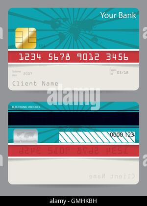 Credit card in turquoise and red with bursting world map Stock Vector