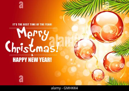 Christmas background with fir twigs and red balls. Stock Vector