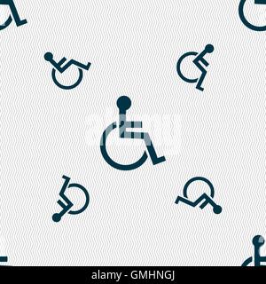 Disabled sign icon. Human on wheelchair symbol. Handicapped invalid sign. Seamless pattern with geometric texture. Vector Stock Vector