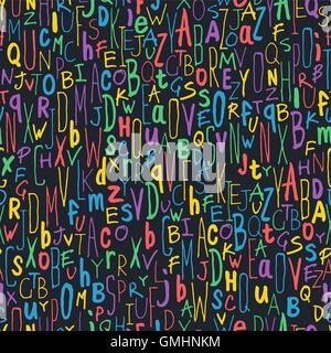 Colorful Different Letters on Black. Alphabet Seamless Pattern. Stock Vector