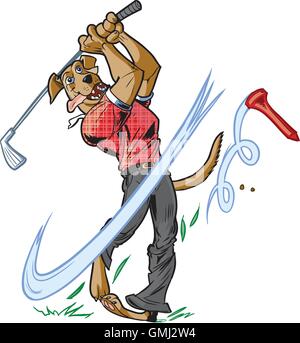 Vector cartoon clip art illustration of an anthropomorphic brown dog mascot wearing a shirt and pants swinging a golf club. Stock Vector