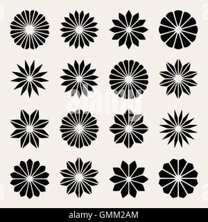 Set of Sixteen Vector Black & White Flower Petal Star Shape Design Elements Stock Vector
