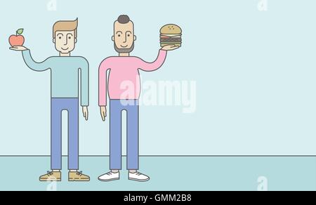 Men standing with hamburger and apple. Stock Vector