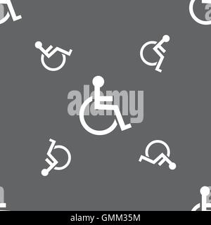 Disabled sign icon. Human on wheelchair symbol. Handicapped invalid sign. Seamless pattern on a gray background. Vector Stock Vector