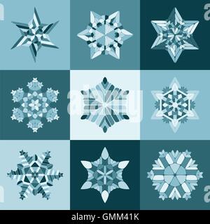 Set of Nine Vector Blue White SnowFlake Shapes Design Elements Stock Vector