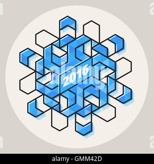 Vector New Year 2016 Geometric Blue Snowflake Shape In Circle With Line Art Stroke Offset Stock Vector